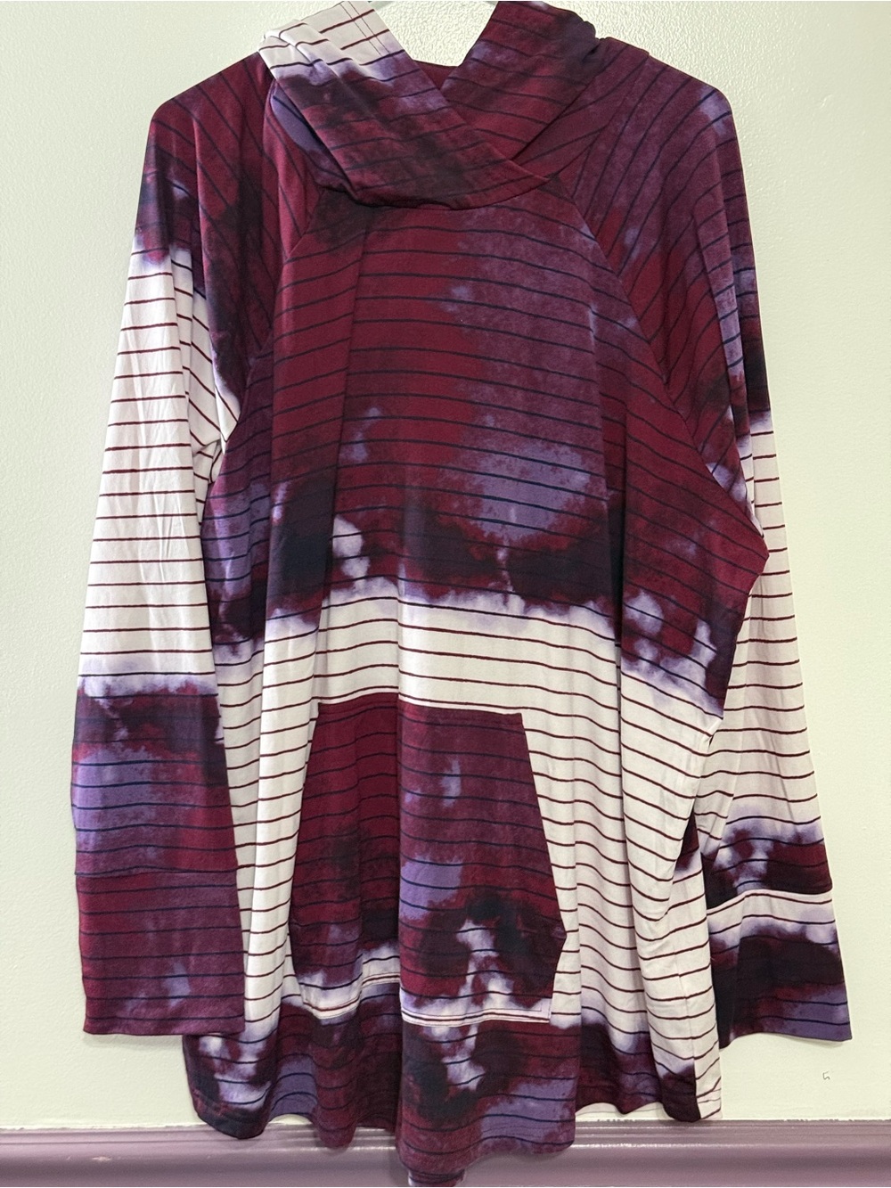 LuLaRoe Amber - Marshmallow Fleece, Burgundy, Purple and White Striped Tie-Dye